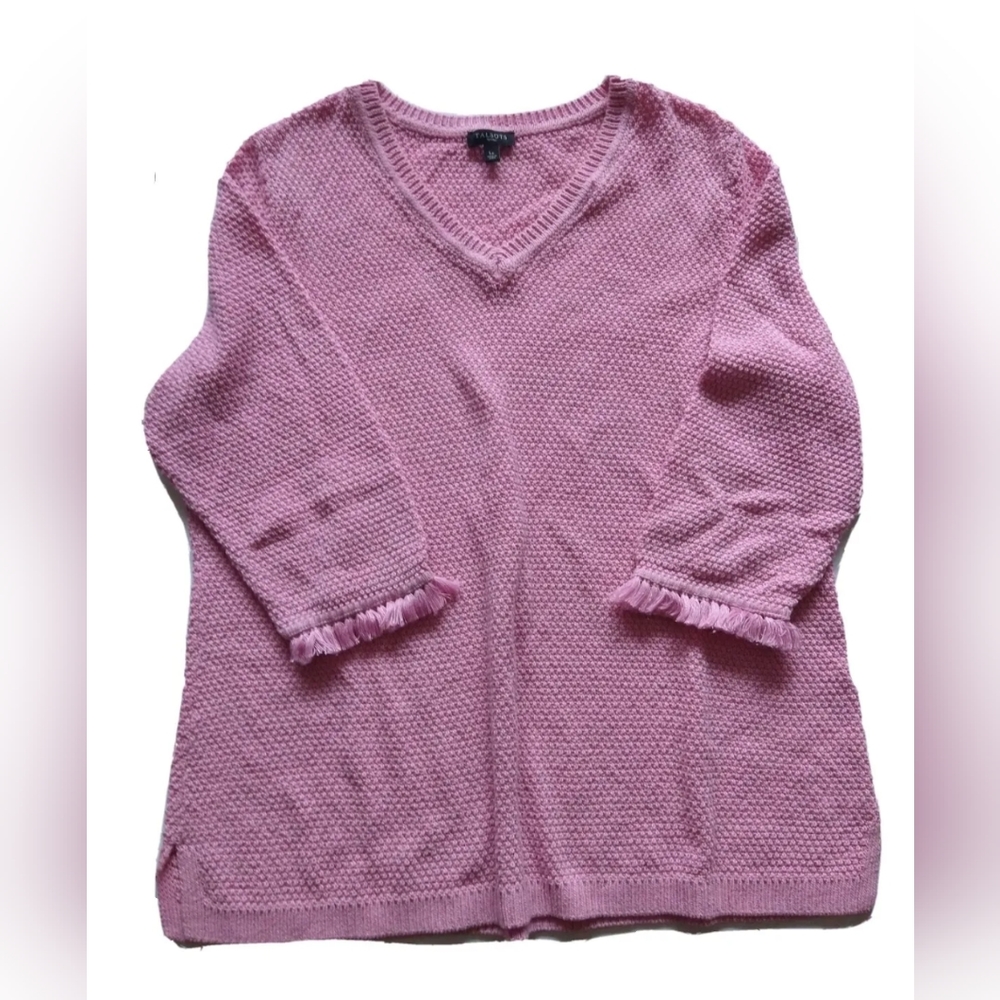 Talbots Pink Women Sweater Size LP  Crochet 100% Cotton V-Neck Fringed Sleeves